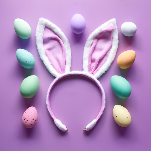 Foto vibrações de páscoa orelhas de coelho ovos coloridos fundo lila amplo espaço para mídias sociais tamanho da postagem