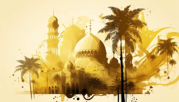 Vibrações dramáticas do ramadã respingo de aquarela de uma paisagem de mesquita amarela