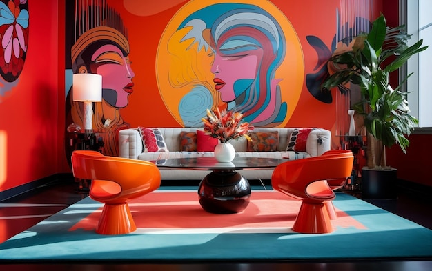 Vibrant Abode Una mesa elegante y decoración en un retiro cromático IA generativa