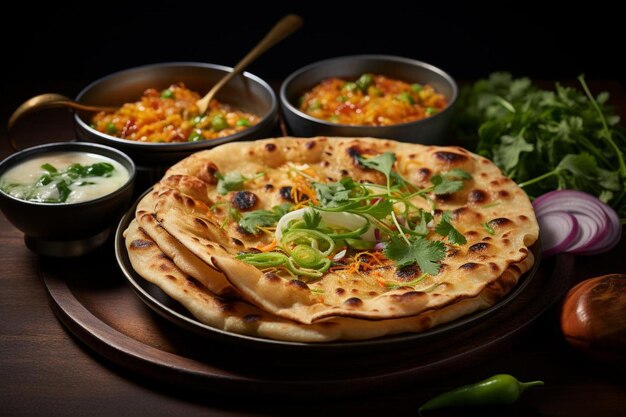 Vibrant Aloo Paratha Curry Em fundo branco A popular comida de rua Aloo Parath imagem