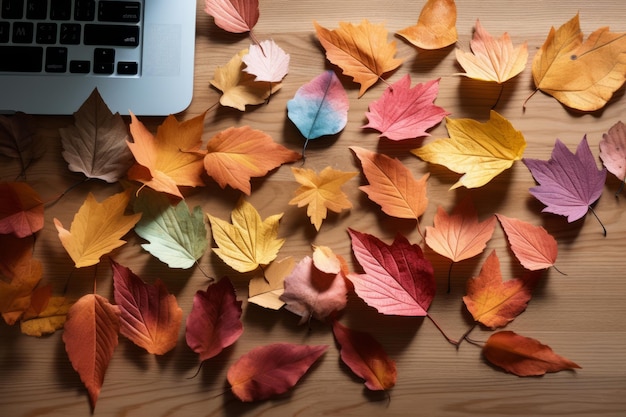 Vibrant Array Uma coleção de folhas de outono coloridas caídas na mesa