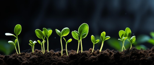 Foto vibrant beginnings green sprouts growing from soil on a dark background