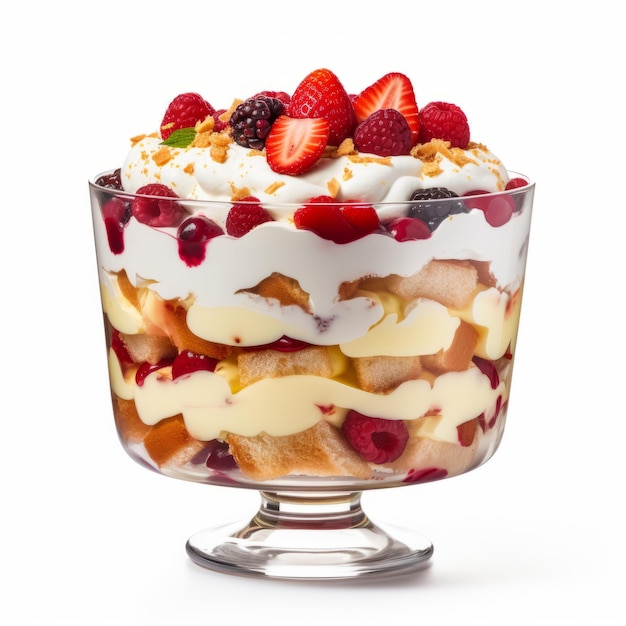 Vibrant Berry Trifle en fondo blanco estilo Pontormo