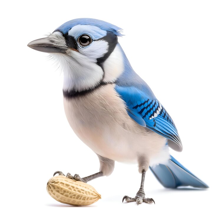 A vibrant blue jay bird with a peanut captured in realistic detail