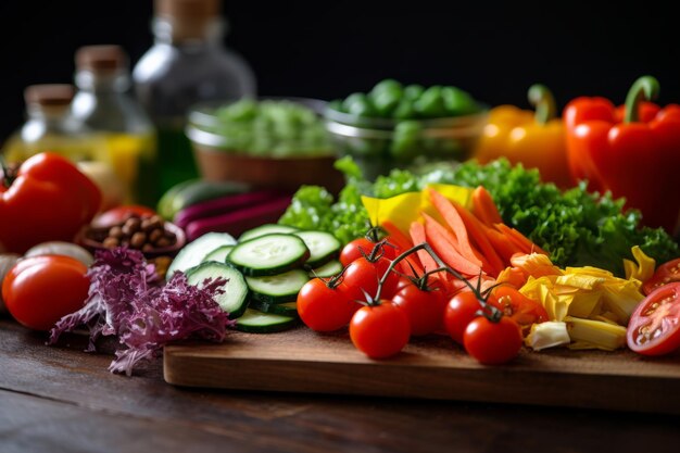 Foto vibrant closeup de verduras frescas explorando el arte de hacer una ensalada vegetariana saludable