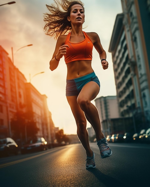 Foto vibrant dawn run mulher em leggings esportivas em cinematic cityscape
