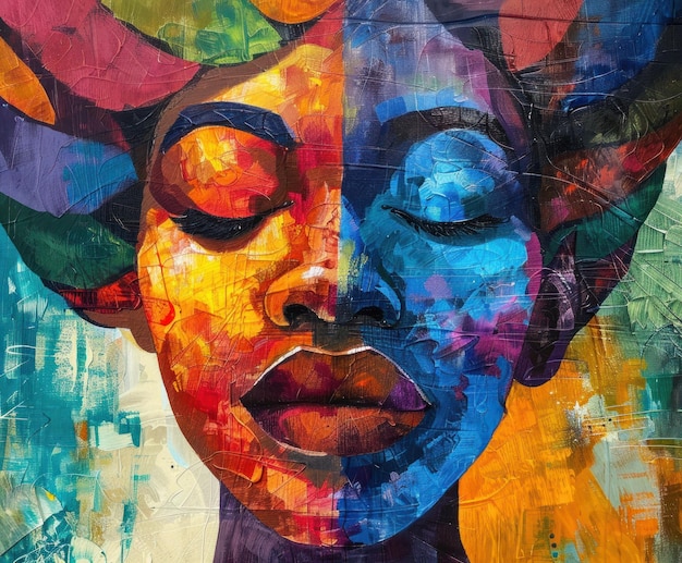 Vibrant Graffiti Mural of Woman39s Face Arte callejero colorido que representa un rostro abstracto de una mujer con un mosaico de ricos tonos vibrantes en una pared