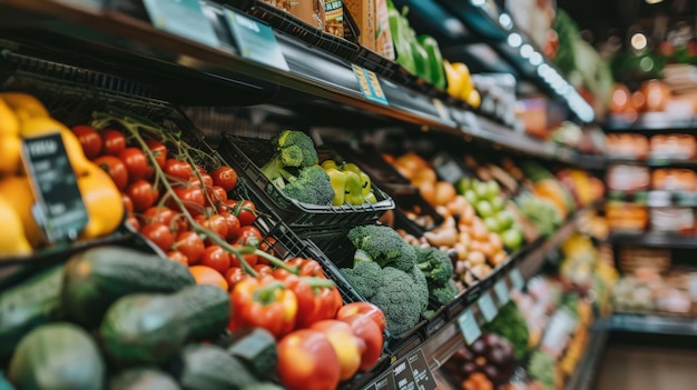 Foto vibrant grocery store produce section filled with fresh fruits and vegetables