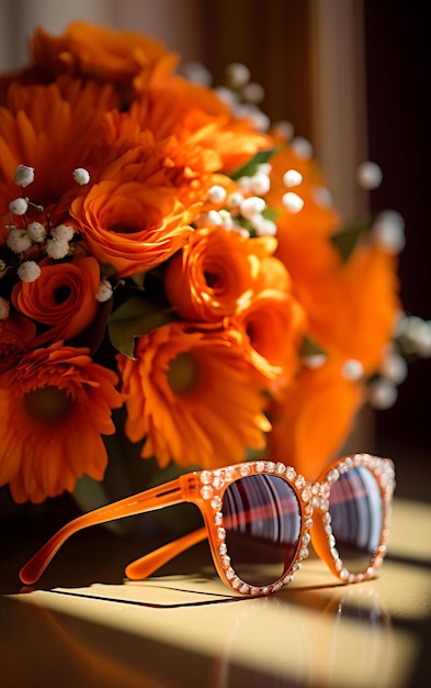 Vibrant Love gafas de sol naranja y un ramo de novia con impresionantes detalles fotorrealistas