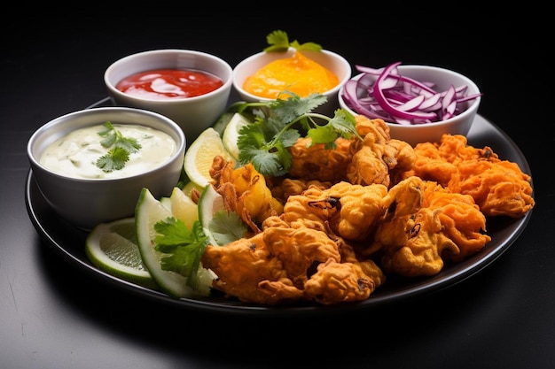 Foto vibrant pakora platter com molho de mergulho de alta qualidade melhor fotografia de imagem de pakora indiana