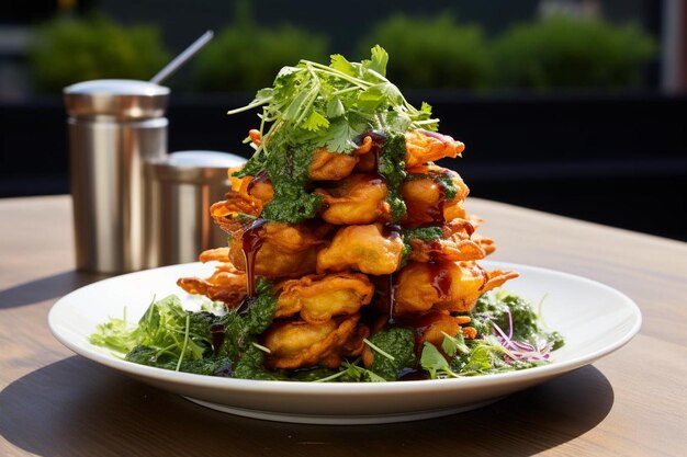 Vibrant Pakora Tower com Mint Chutney de alta qualidade Melhor fotografia de imagem de Pakora indiana