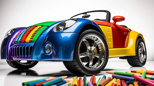 Foto vibrant playtime children's car toy color splash photography em fundo em escala de cinza