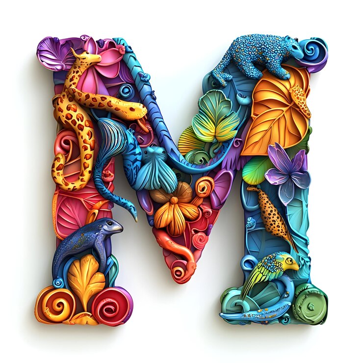 Foto vibrant rainbow colored animal patterned 3d letter m com texturas intrincadas e design dinâmico