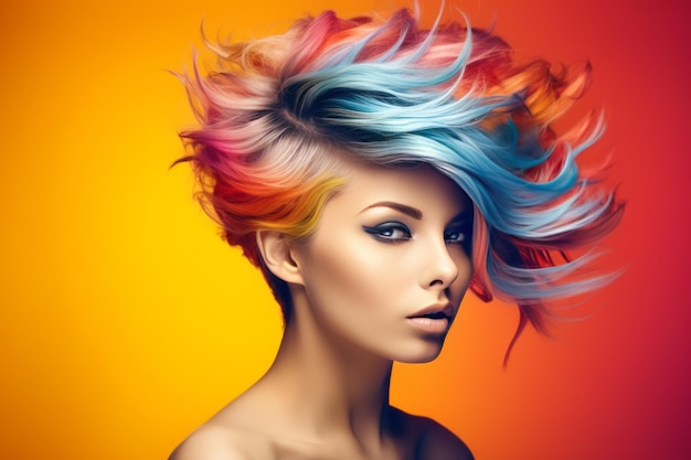 Foto vibrant rainbow updo ein atemberaubender kurzer haarschnitt mit glänzender, gesunder haut