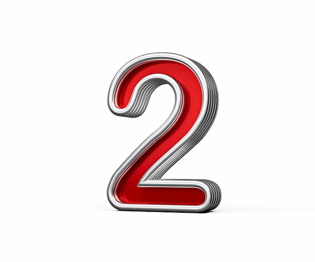 Vibrant Red Number Two 2 mit metallischem Glanz und abgeschrägten Rändern auf weißem Hintergrund 3D-Illustration