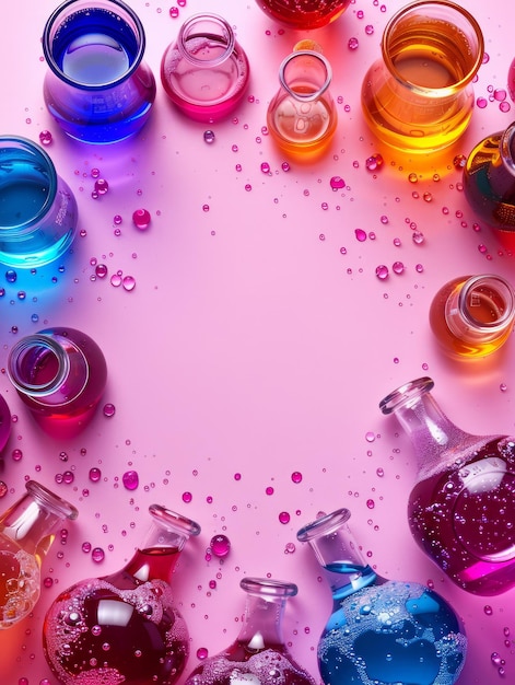 Foto vibrant science experiment concept copos coloridos frascos e tubos de ensaio cheios de cor