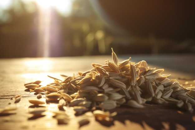 Vibrant Spice Blend Foto einer Handvoll Kümmel- und Kurkumensamen, die von aromatischen Geschmacksrichtungen gefüllt sind