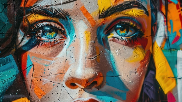 Vibrant Street Art of a Woman39s Face Primer plano de un mural de graffiti colorido que representa el rostro de una mujer39s que muestra ojos expresivos y una estética vibrante del arte callejero