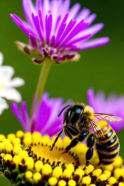 Un vibrante abejorro polinizando las flores púrpuras