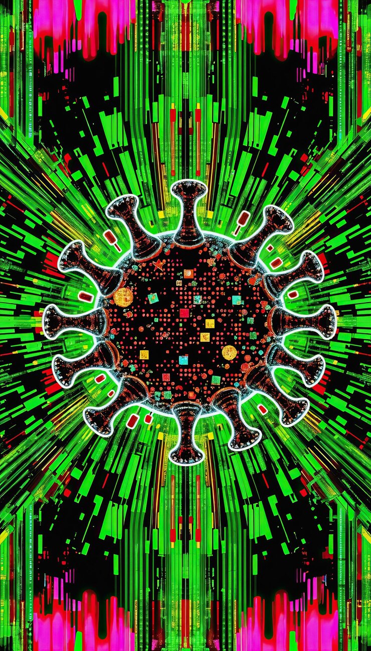 Foto vibrante abstracto virus digital de computadora gusano de troya ataque hackeo de datos tecnología de fondo vertical