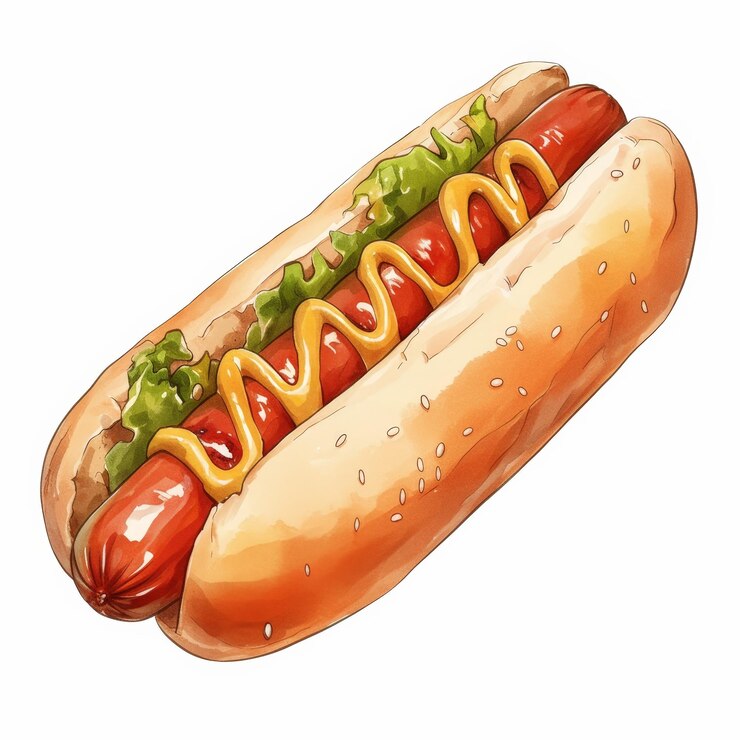 Vibrante acuarela Hot Dog Clipart Elemento divertido de comida rápida aislado en fondo blanco