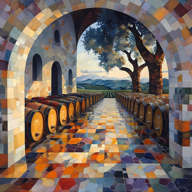 Vibrante adega de vinho em mosaico com vista panorâmica do vinhedo