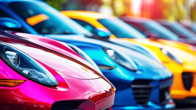 Foto una vibrante alineación de coches deportivos con un enfoque en un frente de coches rojos el fondo borroso muestra varios coches de colores dispuestos en una fila