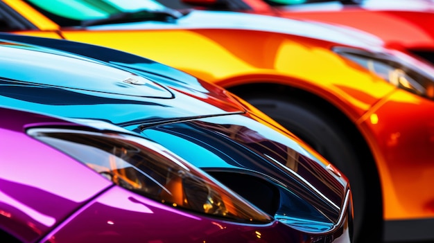 Foto una vibrante alineación de coches deportivos con un enfoque en un frente de coches rojos el fondo borroso muestra varios coches de colores dispuestos en una fila