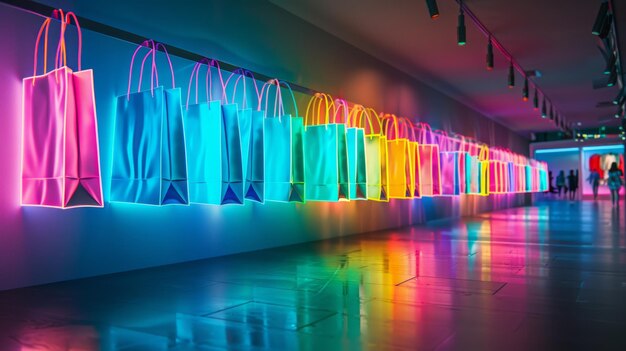 Foto vibrante animación 3d de bolsas de compras de colores neón colgando en un espacio digital que simboliza el consumismo de compras en línea y el espectro colorido de los mercados digitales
