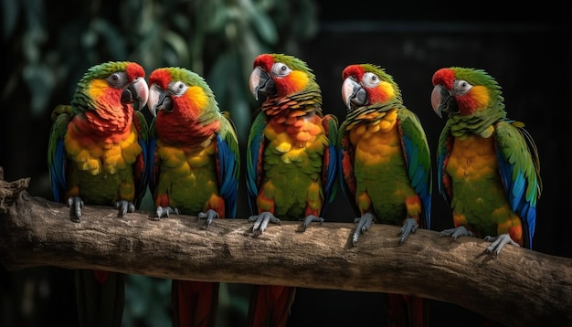 Vibrante arara multicolorida empoleirando-se em galho na floresta tropical gerada por IA