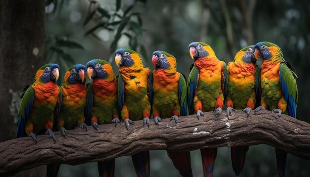 Vibrante arara multicolorida empoleirando-se em um galho tropical na natureza gerado por IA