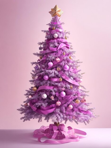 Foto un vibrante árbol de navidad adornado con adornos rosados y luces de neón coronadas con una estrella brillante rendering 3d