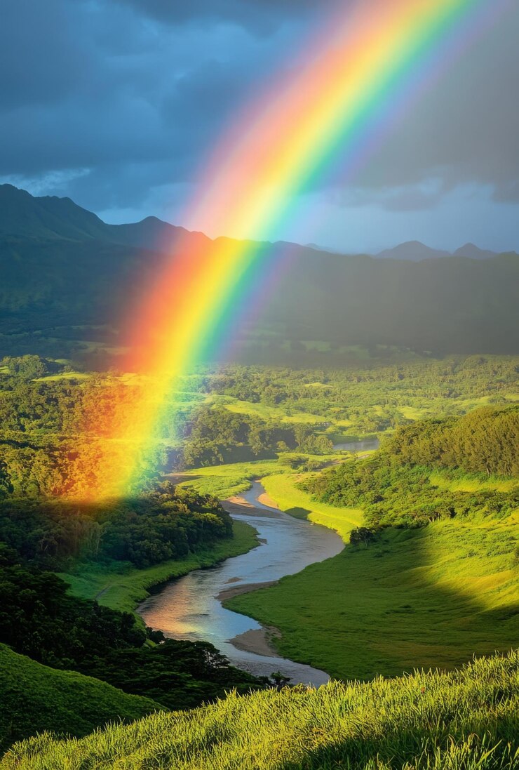 Un vibrante arco iris que se arquea sobre un valle verde y exuberante con un río que serpentea a través de él creando una escena pintoresca y serena