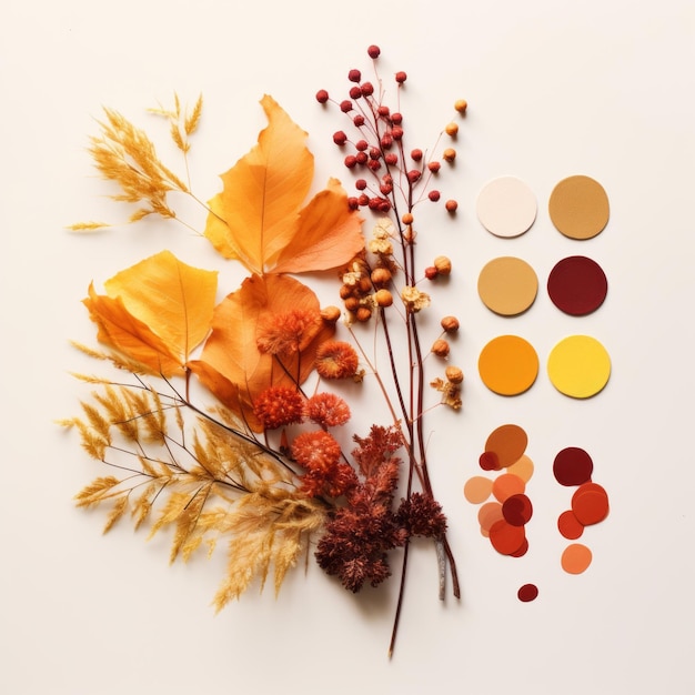 Vibrante armonía de otoño Paleta de colores de otoño cautivadora con elementos aislados en un fondo blanco limpio