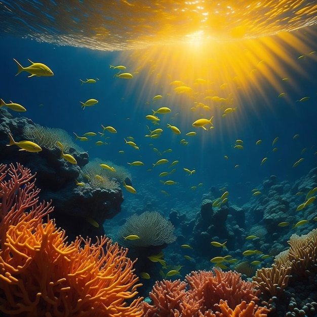 Un vibrante arrecife de coral lleno de vida iluminado por los rayos dorados del sol