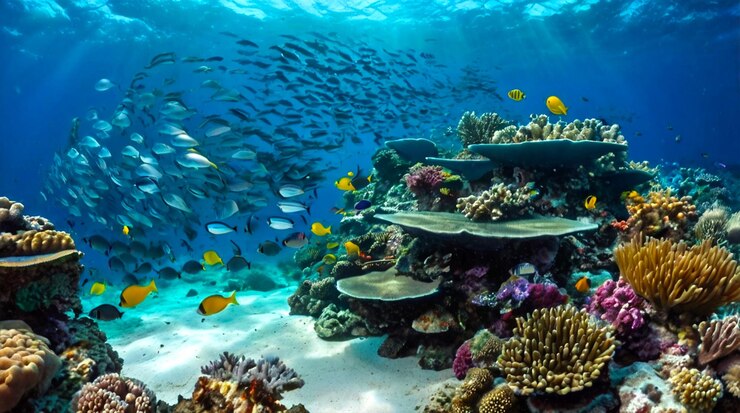 Un vibrante arrecife de coral lleno de vida peces coloridos nadando a través de aguas cristalinas