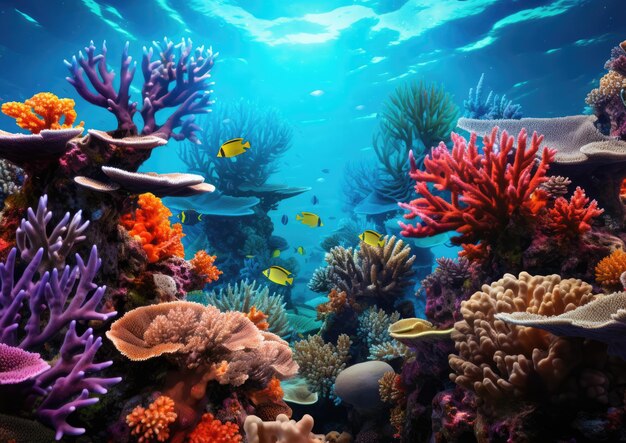 Un vibrante arrecife de coral repleto de vida marina capturado desde una perspectiva submarina utilizando una