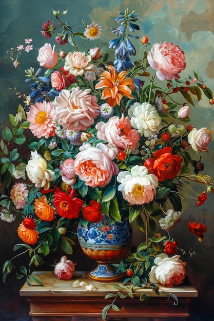 Vibrante arreglo floral clásico en una pintura ornamentada de jarrón