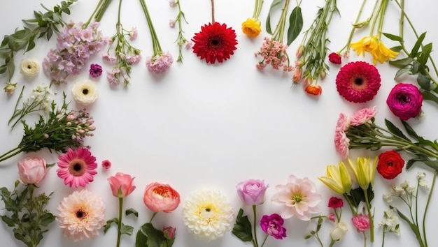 Un vibrante arreglo floral que muestra diversas flores sobre un fondo rosado suave