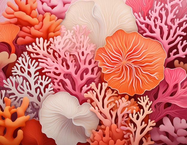 Foto un vibrante arreglo de varios corales que muestran tonos de rosa naranja y blanco
