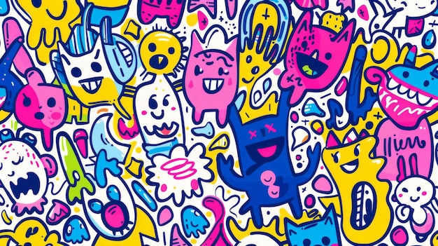 Vibrante arte de dibujos con coloridos personajes monstruos