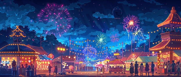 El vibrante arte de píxeles de un festival de una ciudad animada