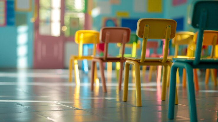 Vibrante atmósfera en el aula de la escuela primaria con coloridas sillas y mesas borrosas en close-up con Sony Alpha A7R IV