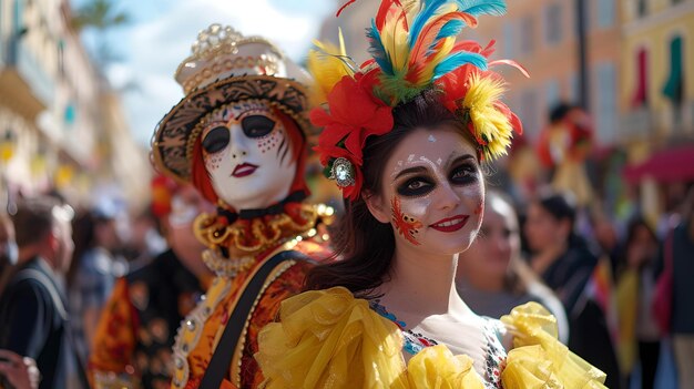 La vibrante atmósfera del carnaval capturada en una calle soleada trajes coloridos y máscaras festivas evento cultural alegre participantes animados celebrando la IA