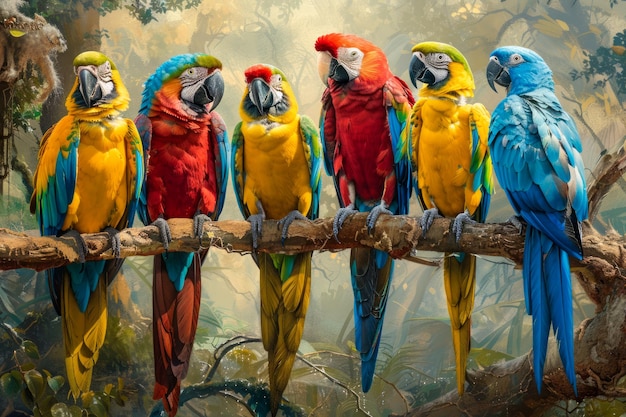 Foto una vibrante bandada de coloridos loros, posados en ramas en la exuberante jungla, permiten a las aves exóticas vivir en su hábitat natural