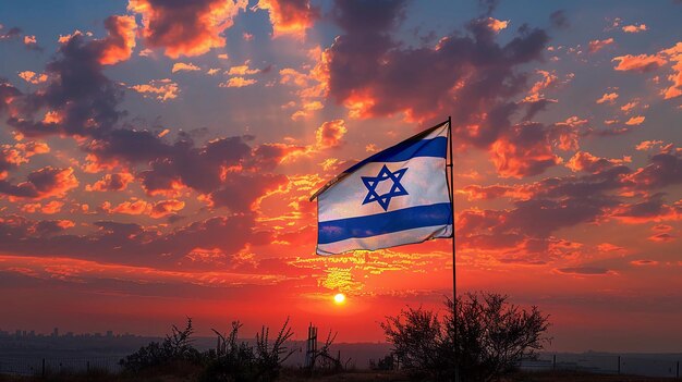 La vibrante bandera de Israel ondeando contra el dramático atardecer Yom HaZikaron Día de la Independencia Generado por IA