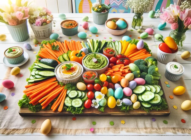 Un vibrante banquete de Pascua de verduras frescas y salsas