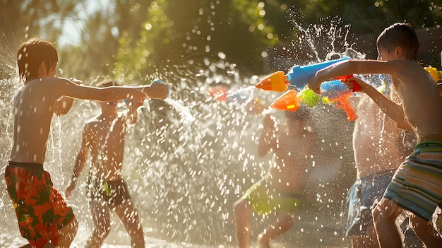 Vibrante batalha de canhões de água entre amigos alegres no quintal em um dia de verão ensolarado