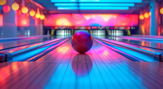 Foto vibrante bolera con una bola de bolos giratoria roja y azul iluminada carriles y telón de fondo colorido