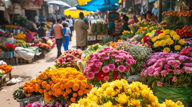 Un vibrante y bullicioso mercado de flores con una variedad de flores de colores como las caléndulas, las zinnias y las rosas